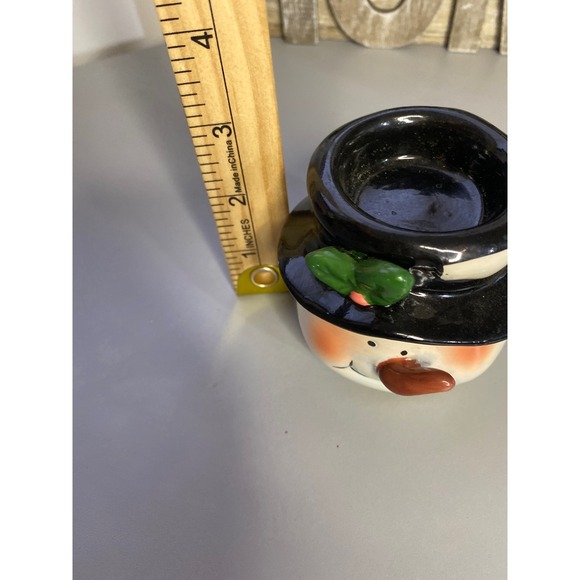 Ceramic Snowman Head Tealight Candle Holder Black Top Hat Green Leaves - Picture 5 of 6